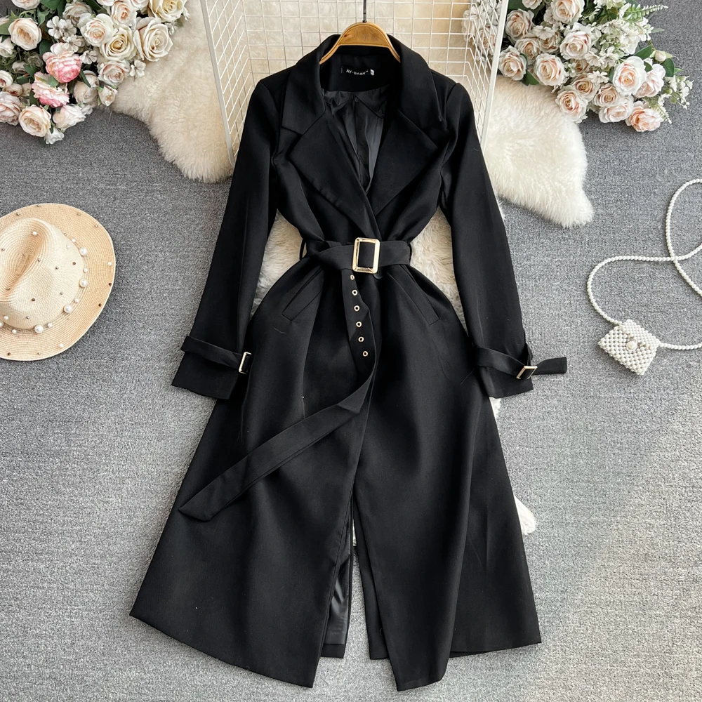 

Autumn Hepburn Long Sleeved DressTurn Down collar With Belt Slim A-line Windbreaker Dress Elegant Long Dress Women