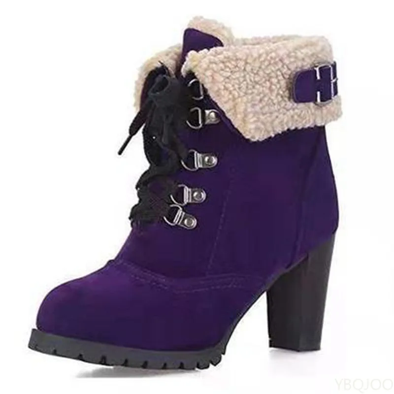 الشتاء موضة جديدة قصيرة أنبوب الأحذية النسائية الدافئة مع الكعب العالي كعب سميك الدانتيل يصل منصة مقاومة للماء أحذية نسائية قصيرة