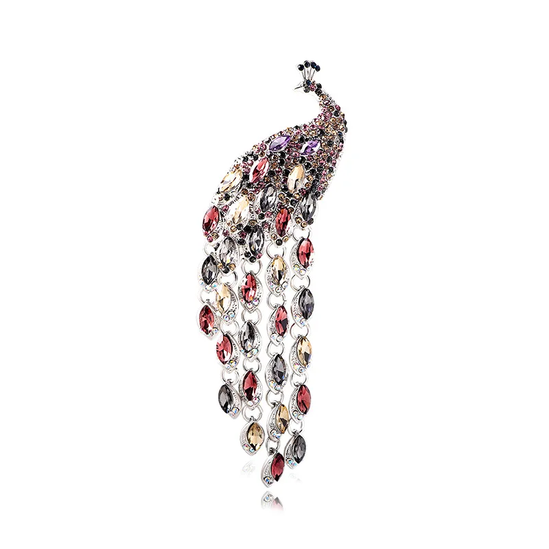 Elegant Rhinestone Peacock Brooches for Women Large Crystal Long Thread Tassel Brooch Pins Accessories Jewelry High Quality