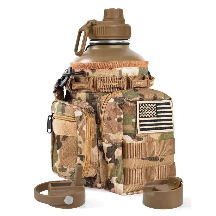 

Half Gallon Water Bottle with Straw, 64 Oz Insulated Water Jug with Molle Water Bottle Holder, Stainless Steel Sport Bottle with