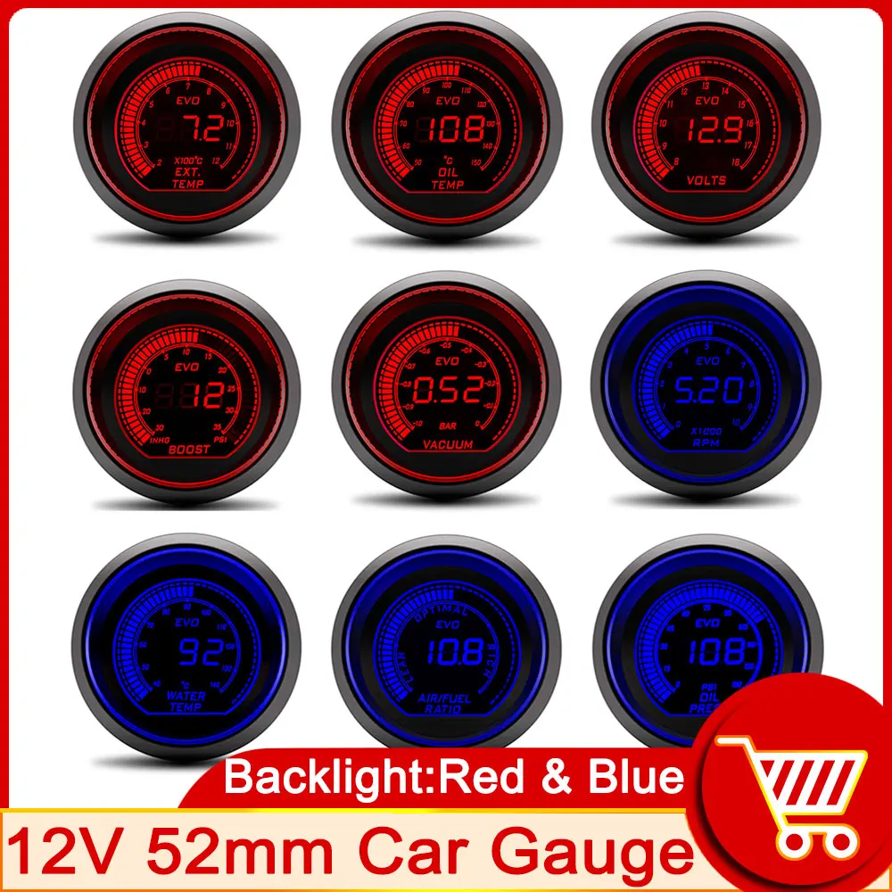 HD 52mm Boost Gauge PSI Vacuum Gauge BAR Tachometer Voltage Water Oil Temp Oil Press Red Blue Backlight Car Gauge for 12V Car