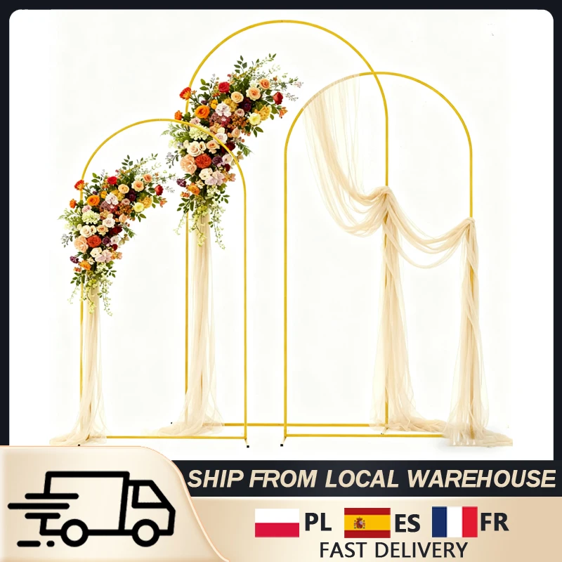 Lot de 3 Supports d'arche de mariage dorés, 1,8 m, 2 m, 2,2 m – Ensemble de 3 supports métalliques pour ballons et toiles de fond pour cérémonies, anniversaires, décorations de fête