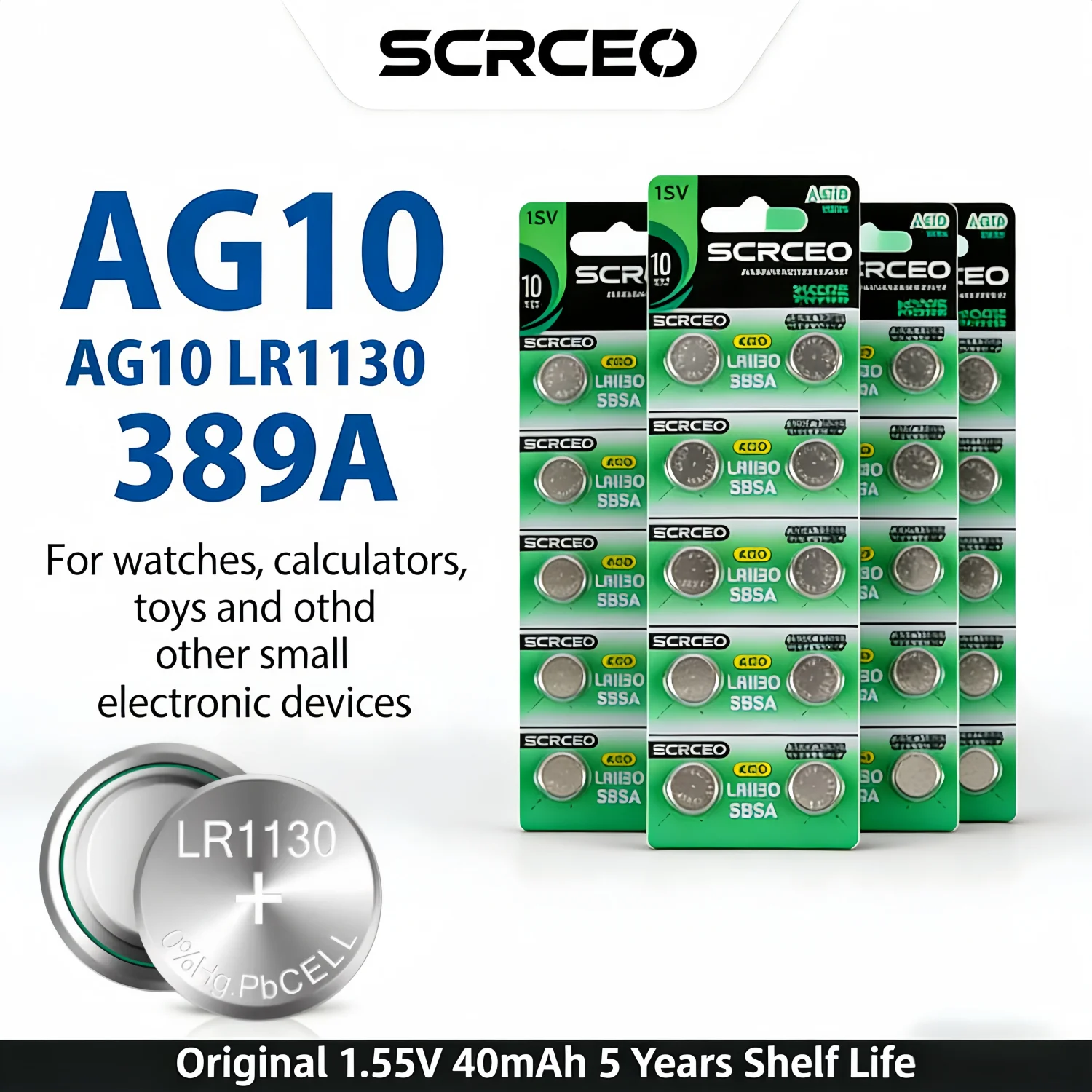 

SCRCEO 2-50Pcs AG10 LR1130 389A 1.55V Alkaline Button Batteries, Long-Lasting For Watch, Toy, Calculator & Small Electronics