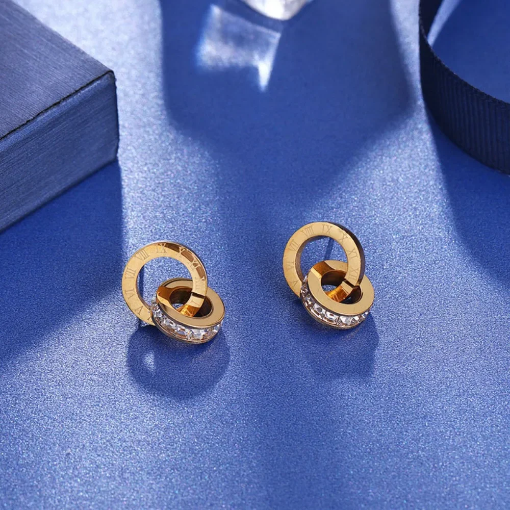 Luxury Brand Full Crystal Roman Numeral Double Rings Cross Stud Earrings for Women Charm Stainless Steel Party Jewelry Colorfast