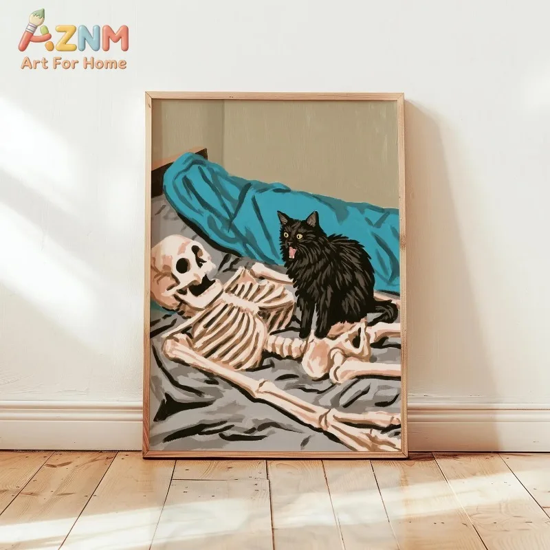 Vintage Art Skeleton on Bed Surprised Black Cat Funny Gothic Halloween Canvas Poster Prints Frameless Wall Art Decorations