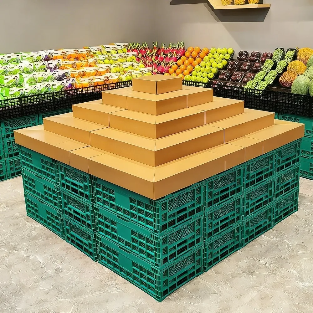 Portable Corrugated Cardboard Step Display Stand 3-Tier Supermarket Fruit Store Island Shelf
