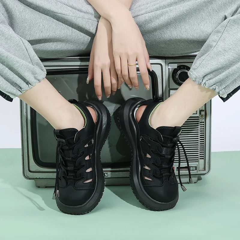 Zapatos de mujer 2025, sandalias con cordones para exteriores para mujer, sandalias informales versátiles con punta redonda, zapatillas de deporte con plataforma hueca para mujer