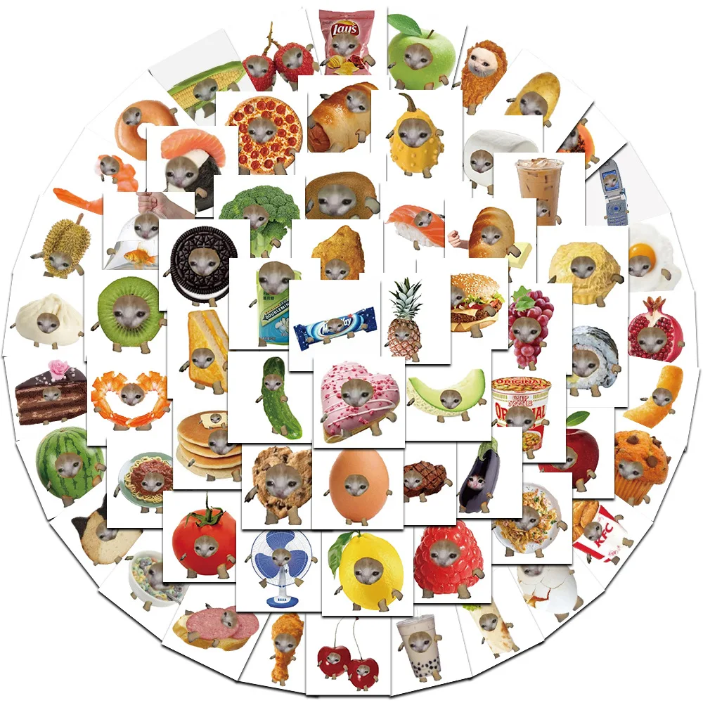 69Pcs Funny Meme Cat And Food Cute Graffiti Stickers For Toy Luggage Laptop Ipad Skateboard Phone Car Stickers Wholesale