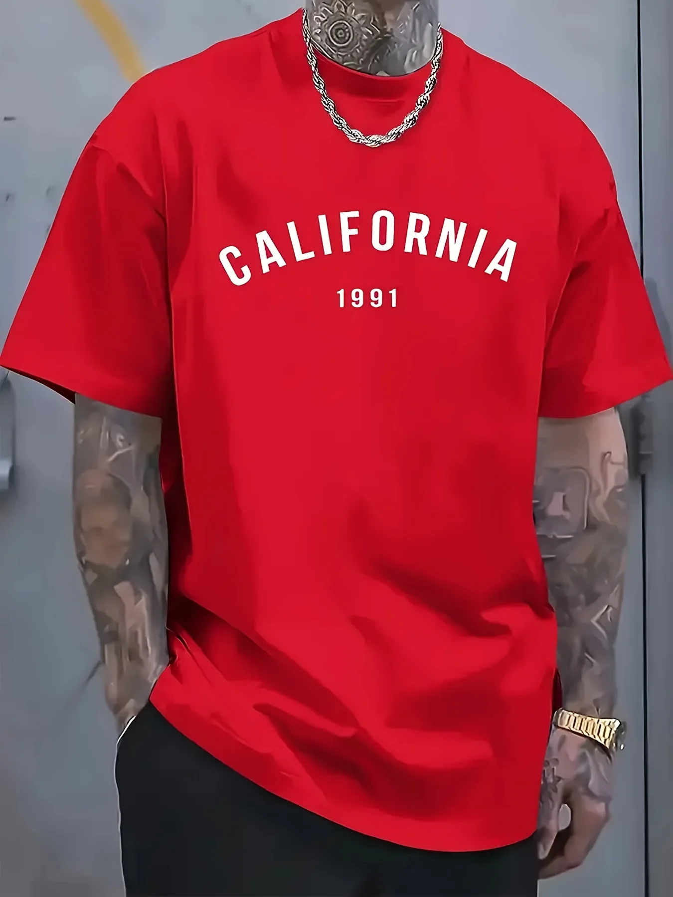 Men's summer 100% pure cotton fashionable casual loose California 1991 printed round neck short sleeved T-shirt top