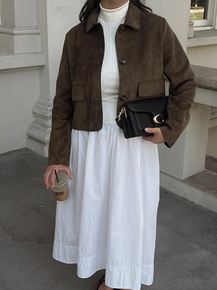 

HH Осенняя женская модная короткая куртка Женская элегантная однотонная однобортная куртка с лацканами и карманами Повседневная тонкая куртка в уличном стиле