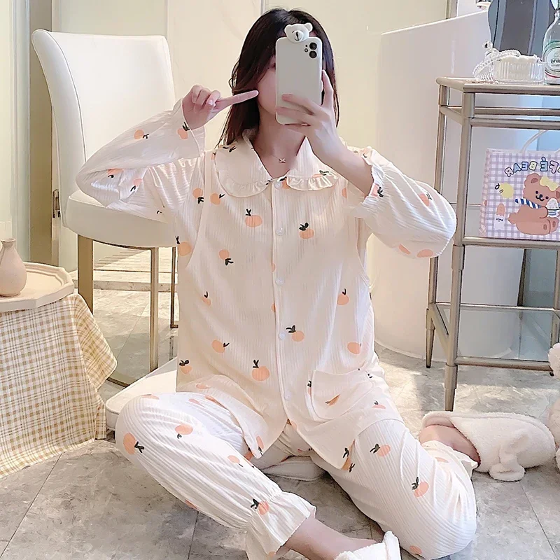 

Spring Postpartum Woman Lactation Clothes Set Pajamas Nursing Suits Fashion Print Maternity Feeding Nightgown Cotton Lounge Sets