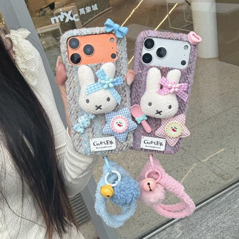 

﻿Fashion Ins Cute Cartoon fluffy doll Miffy Phone Case For iPhone 14 15 16 17 Pro Max Lovely Bow Miffy Furry Wrist Strap ﻿﻿﻿﻿﻿