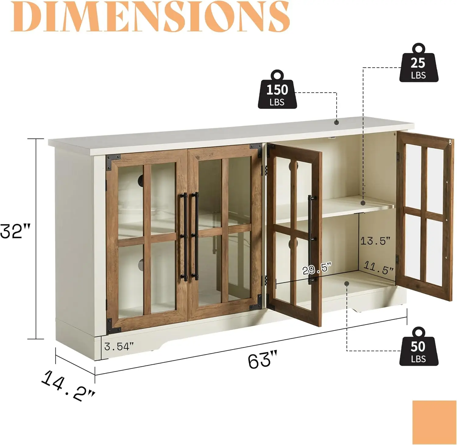 Buffet Sideboard Cabinet with Storage Modern Farmhouse Cabinet with 4 Glass Doors Adjustable Shelf Wood Buffet Table Cabinet