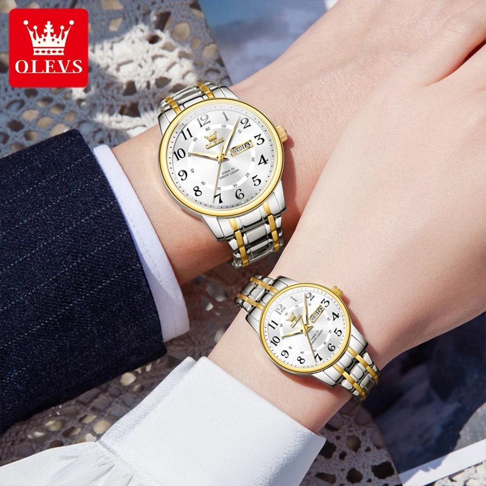 OLEVS 2891 Luxury Brand Quartz Couple Watch Waterproof Stainless Steel Watch Elegant Calendar Week Date Gift Couple Watch Set