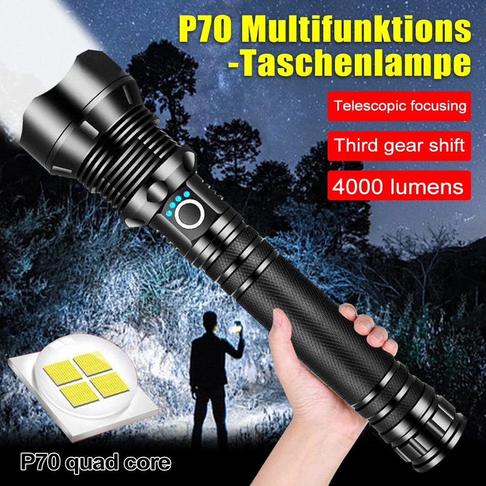 Powerful 4000 Lumens Flashlight P70 LED Torch Telescopic Focus Toch 3 Modes Lamp Power by 2*26650 Battery for Camping Hiking