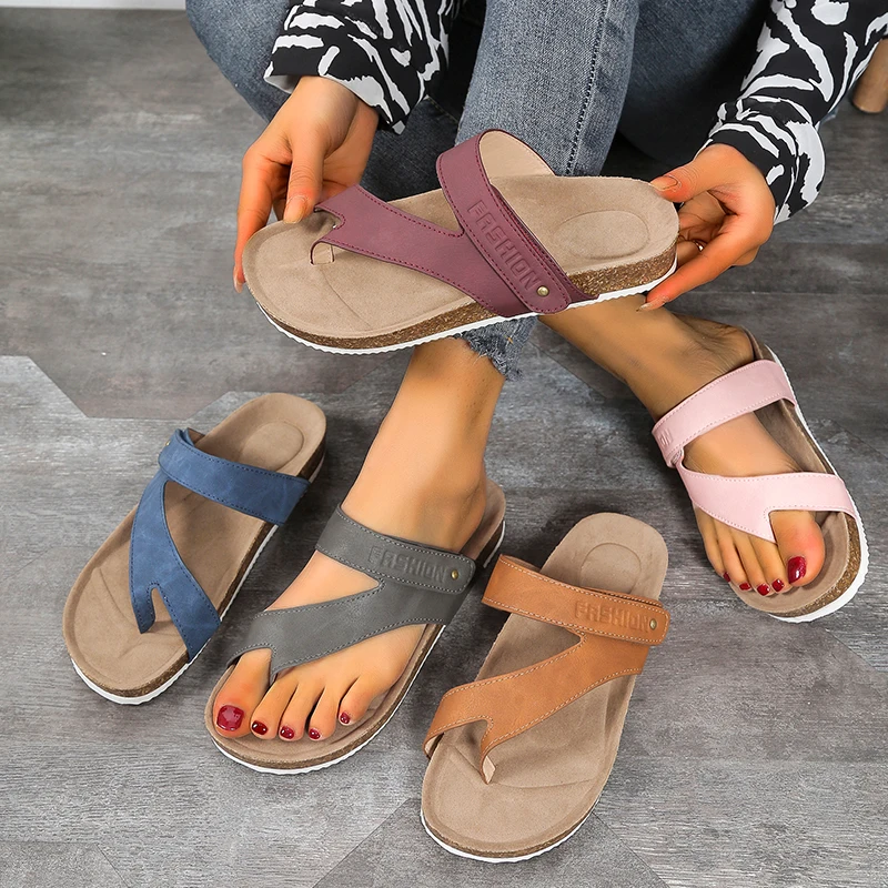 Ladies Set-toe Platform Beach Shoes Cork Open Toe Flat Slippers Anti-Slip Cool Flip Flops Casual Sandals Beach Flats Slippers