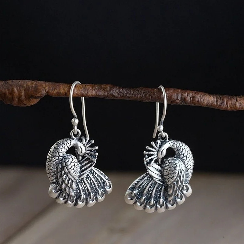 Vintage Animal Peacock Earrings for Women Fashion Metal Carving Handmade Personality Dangle Earrings Party Jewelry