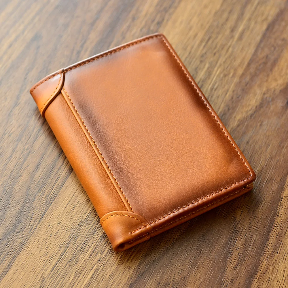 

Винтажный масляный воск из натуральной кожи, мужской кошелек с RFID-блокировкой, верхний слой из воловьей кожи, короткий двойной кошелек, натертый цвет, держатель для нескольких карт