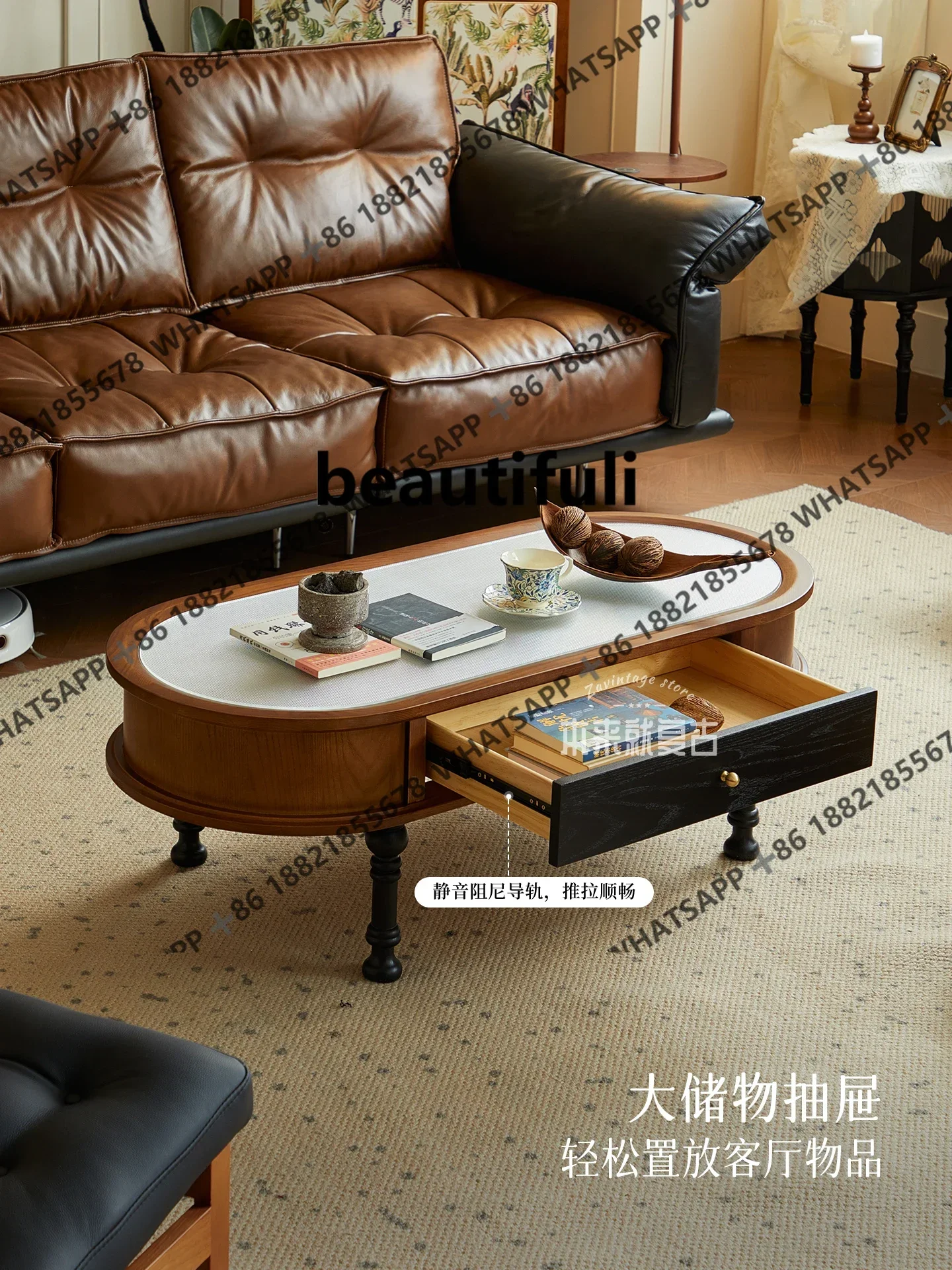 

ZJFrench retro solid wood coffee table living room oval with drawers storage low table antique style