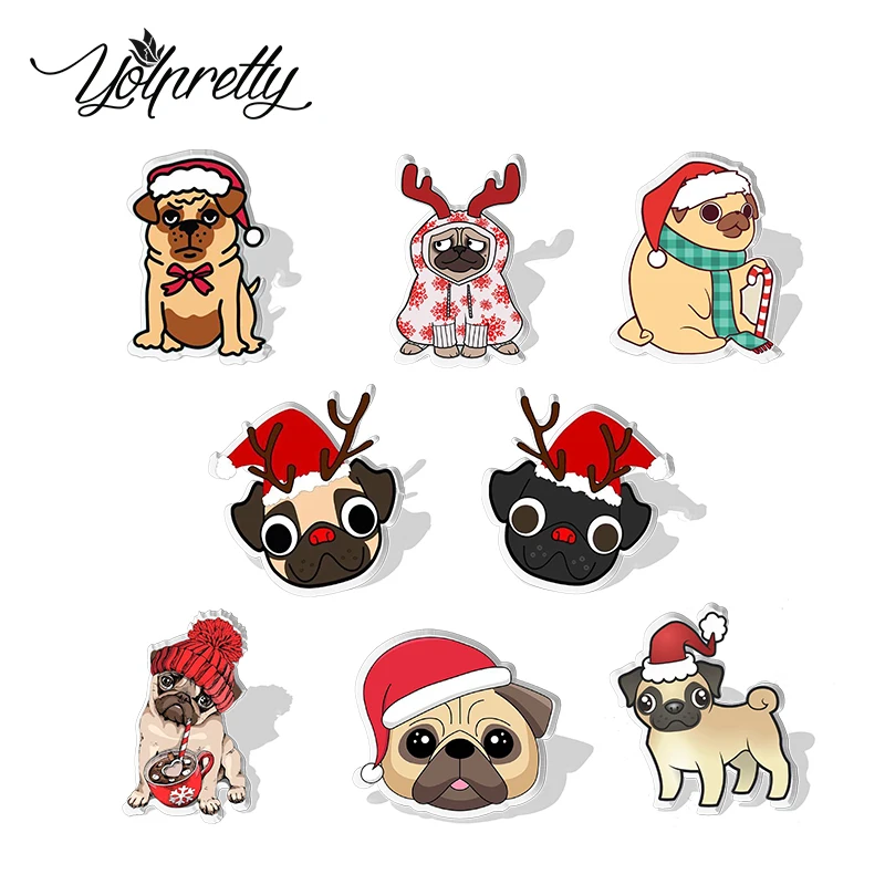 2023 Cartoon Merry Chrristmas Pug Dog Pattern Acrylic Resin Epoxy Brooches Bages Icon Jewelry Accessories