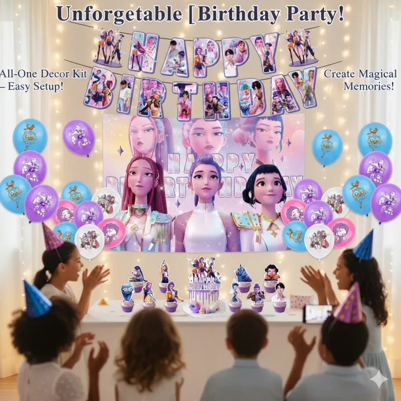 

Birthday Kpop DIY Party Decoration Girl Group Themed Banner Flag Pulling Cake Inserting Balloon Background Cloth Insertion Set