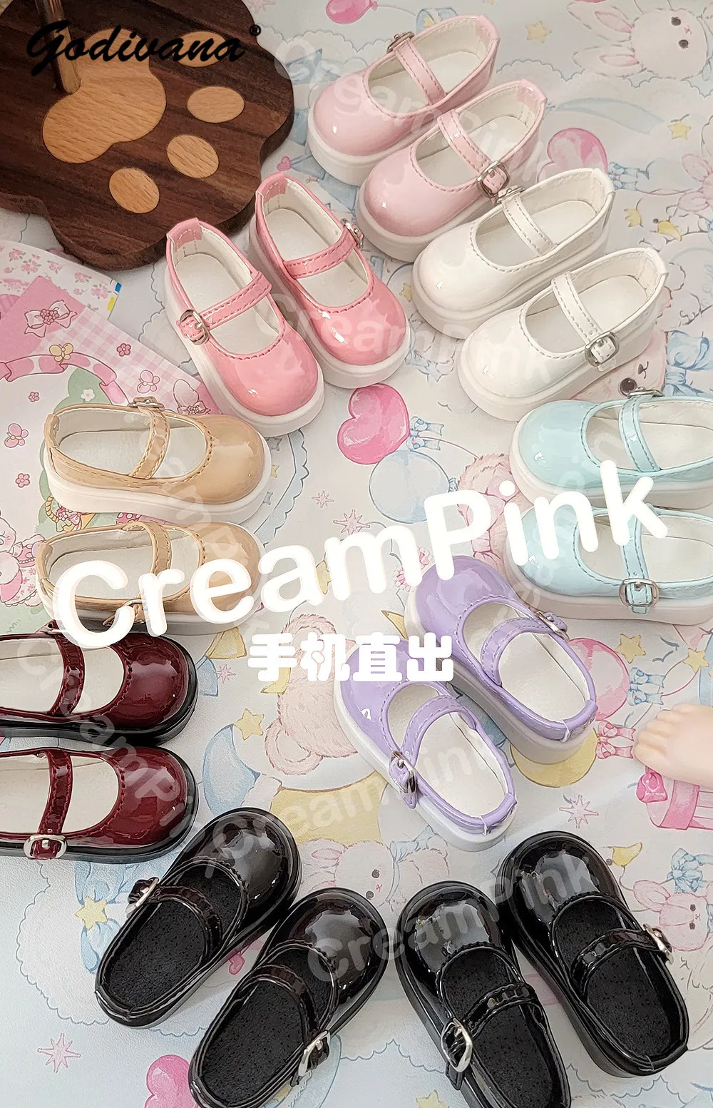Cute Sweet BJD Doll Mary Jane Shoes Glossy Buckle Platform Flat Shoes Multi‑Color Option for 1/4 BJD PU Leather Casual Footwear