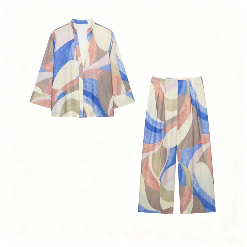 Guobioziy Women's Shirt 2026 Early Autumn New Fashion Lace-Trimmed Printed Shirt with Mid-Waist Wide-Leg Pants