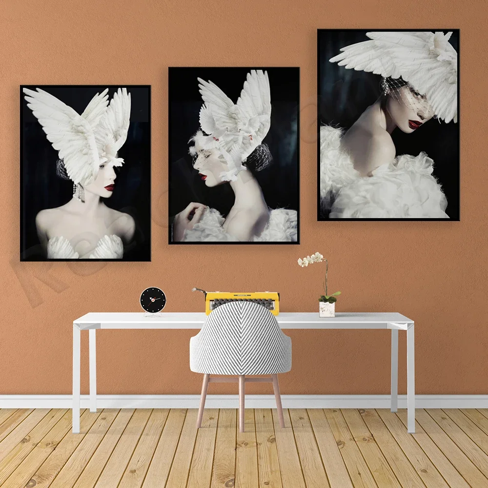 Dove Head Woman Canvas Art, Bird and Woman Wall Art, Beautiful Woman Canvas, Angel Woman Print, White Skin Girl Poster