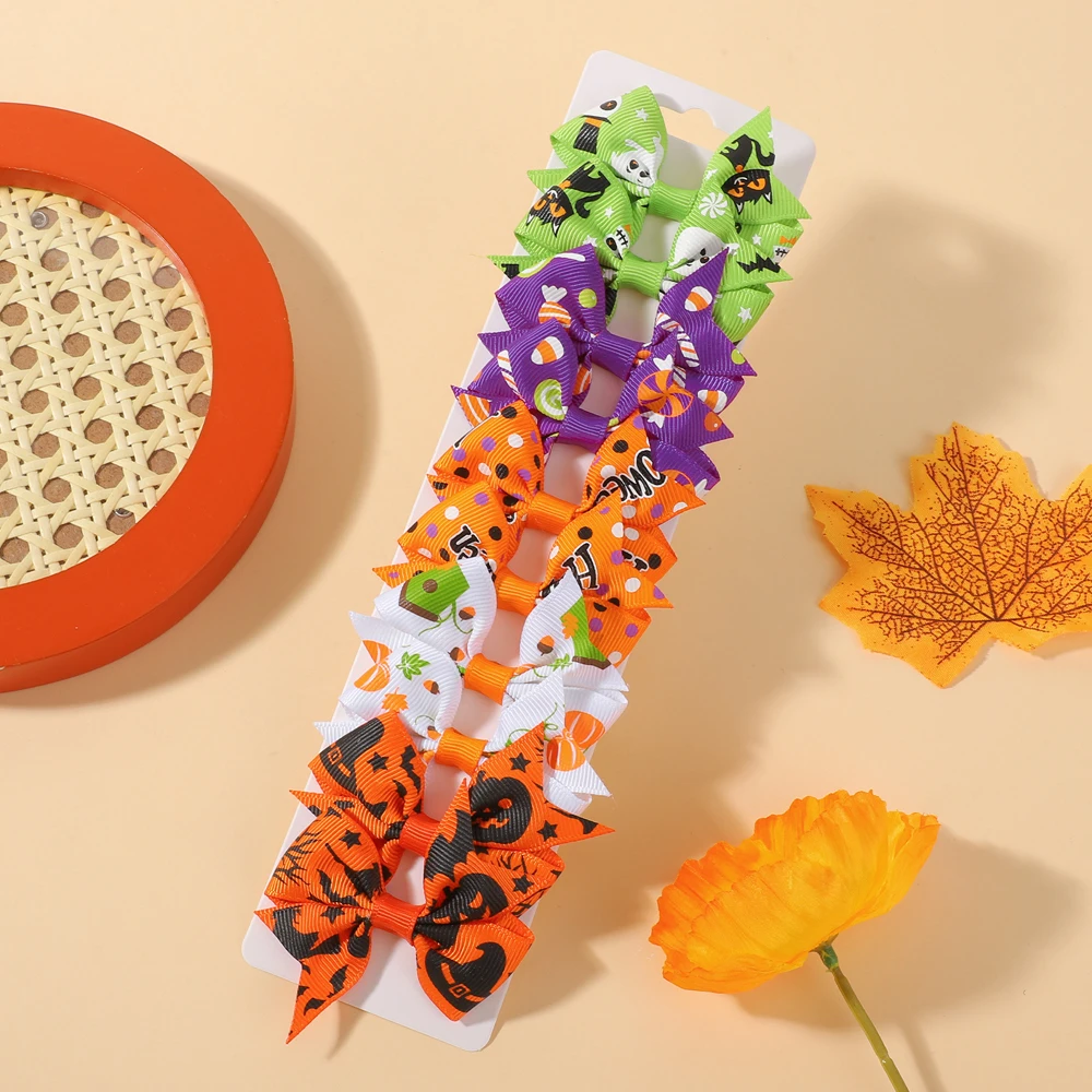 10 ชิ้นฮาโลวีนมินิโบว์คลิปผมสําหรับเด็กสาวค้างคาวปีกพิมพ์ H Eadwear สําหรับประสิทธิภาพพรรคตกแต่ง