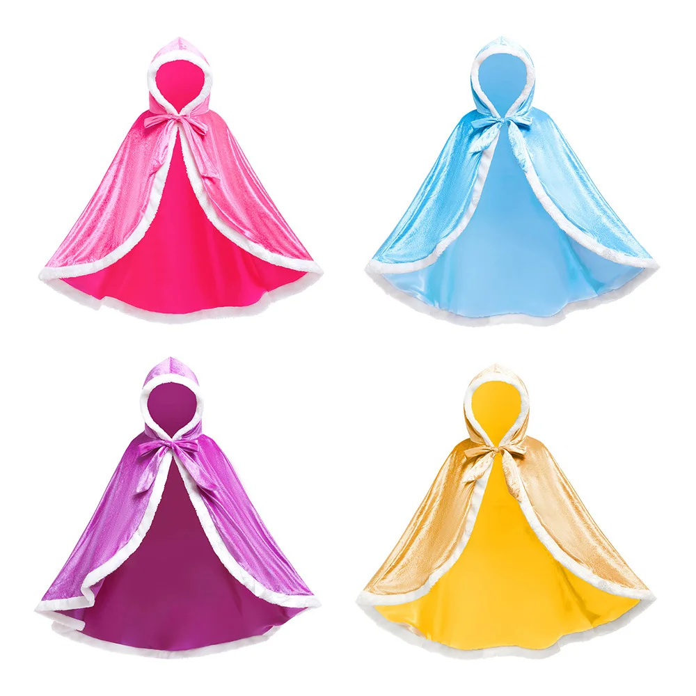 Children Snow Queen Elsa Girls Velvet Cloak Hooded Christmas Fairy Cinderella Rapunzel Aurora Belle Princess Dress Up Cape New01