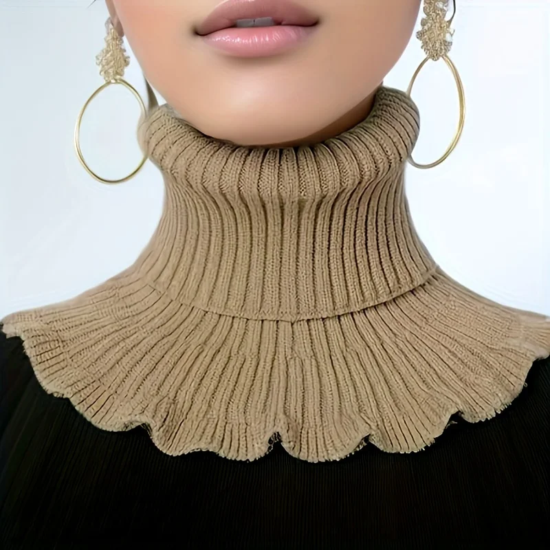 Fashionable Black And White Knitted False Neck Scarf - Soft, Thick, And Warm, With Elegant Ruffle Edge Design For Women