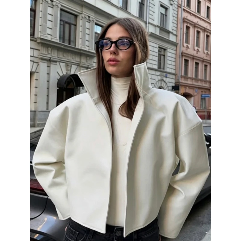 Women's Crocodile Pattern Short Leather Jacket Retro High Collar Zipper Loose Long Sleeve Jackets Lady Street Daily Wear 2026