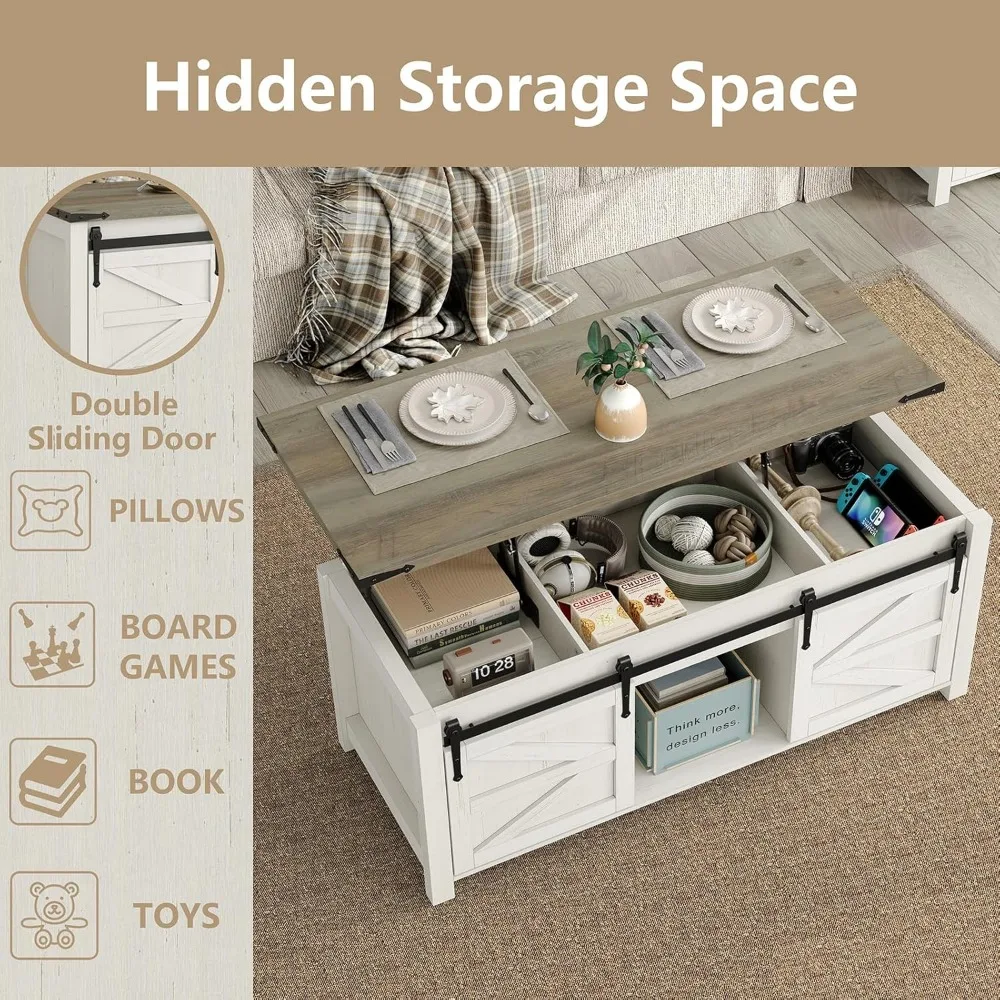 47.3''Lift Top Coffee Table, Farmhouse Center Table with Large Storage & Sliding Barn Doors, Modern Rectangular White Cocktail T