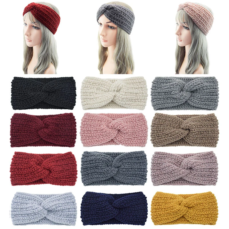 Retro Warmer Ear Winter Knitted Headband Turban For Women Crochet Bow Wide Stretch Solid Hairband Lady Headwrap Hair Accessories