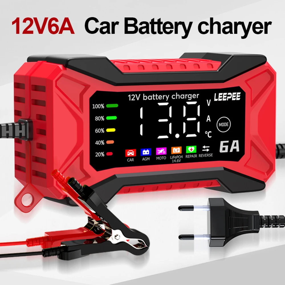 SUV Motorcycle Truck Intelligent Pulse Repair 2025 Car Battery Charger 12V 6A Voltage Temperature Detection Digital LCD Display