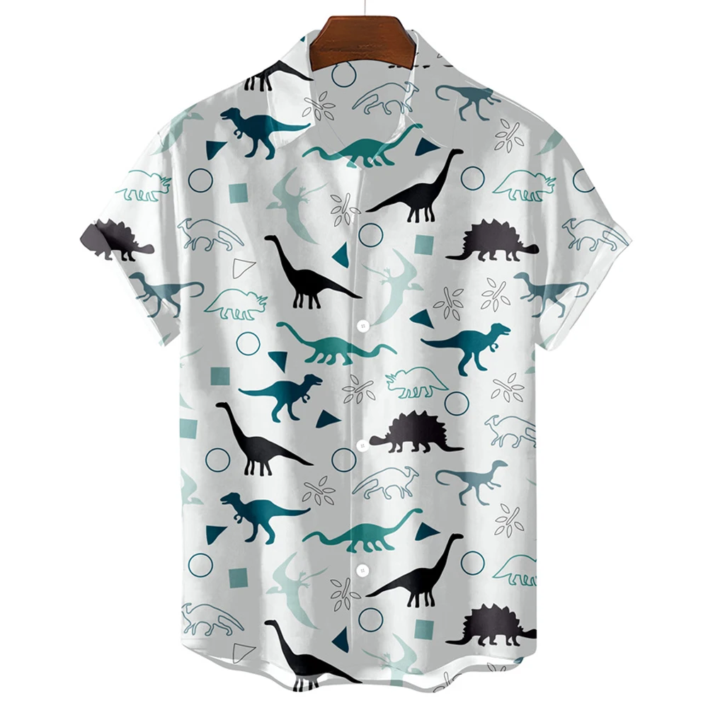 Black And White Simple Men's Shirt Cute Dinosaur Print Men's Clothing Lapel Oversized Short Sleeve Shirt Fashion Street Men Tops