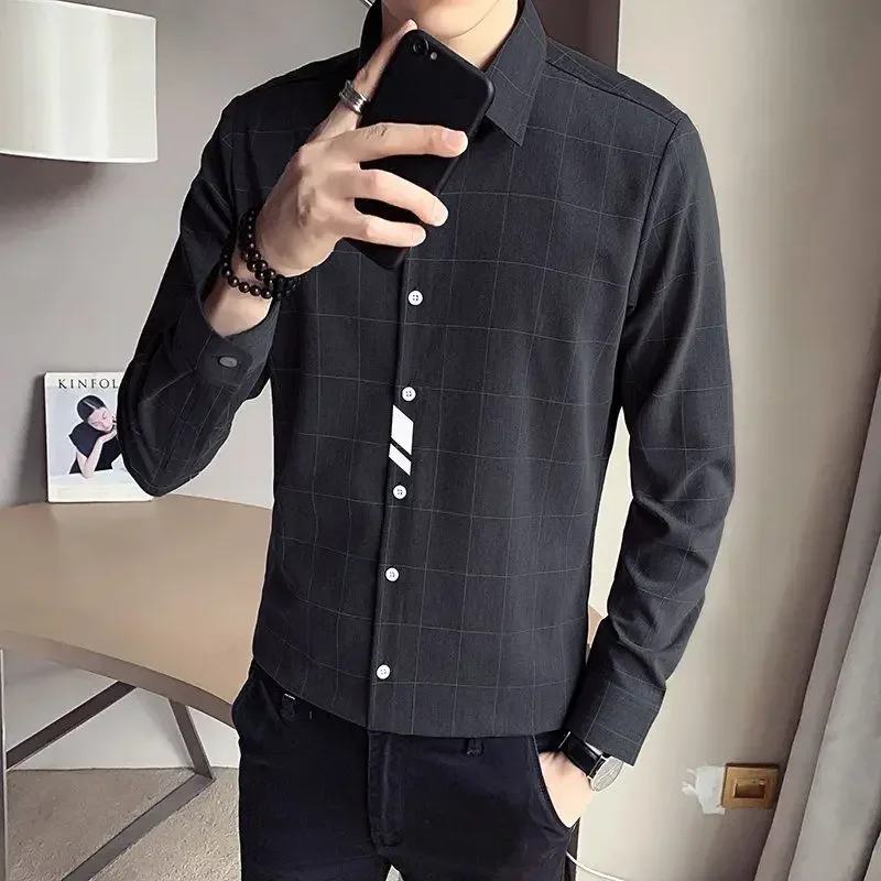 

Fashion Lapel Button Spliced All-match Printed Lattice Shirts Men Clothing 2023 Spring New Casual Tops Long Sleeve Korean Shirt
