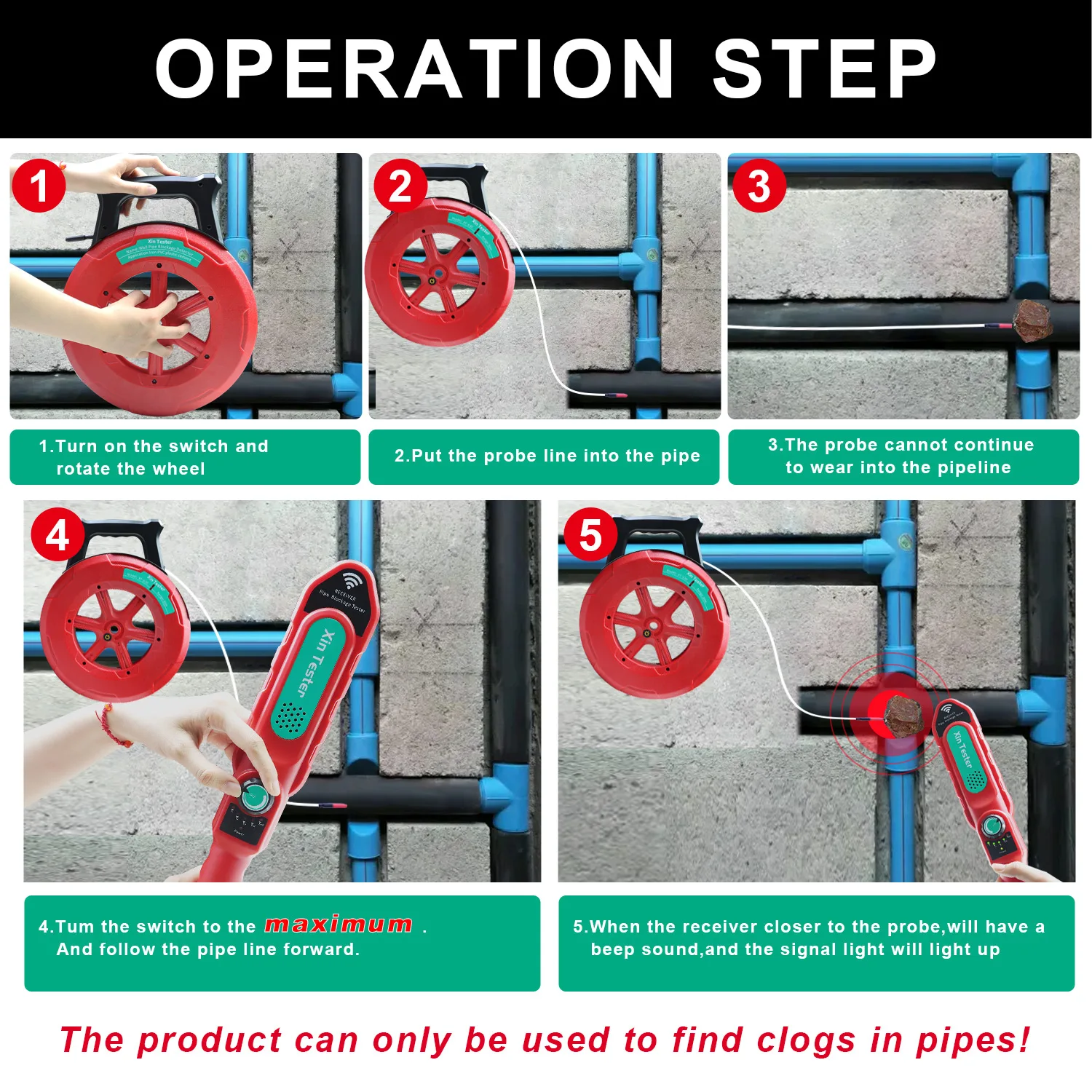 Xin Tester Pipe Locators,Water Pipe Blockage Detector for PVC/Plastic/Metal Underground Pipeline Clog Sewer Finder 30M XT-630