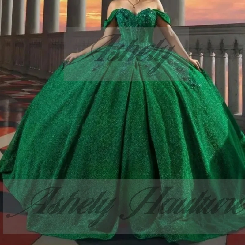 Elegante Abito Verde da Cerimonia per Donna, Vestito da Ballo con Spalle Scoperte e Applicazioni in Pizzo, Abito da Quinceañera Personalizzato per Ragazze di 15-16 Anni