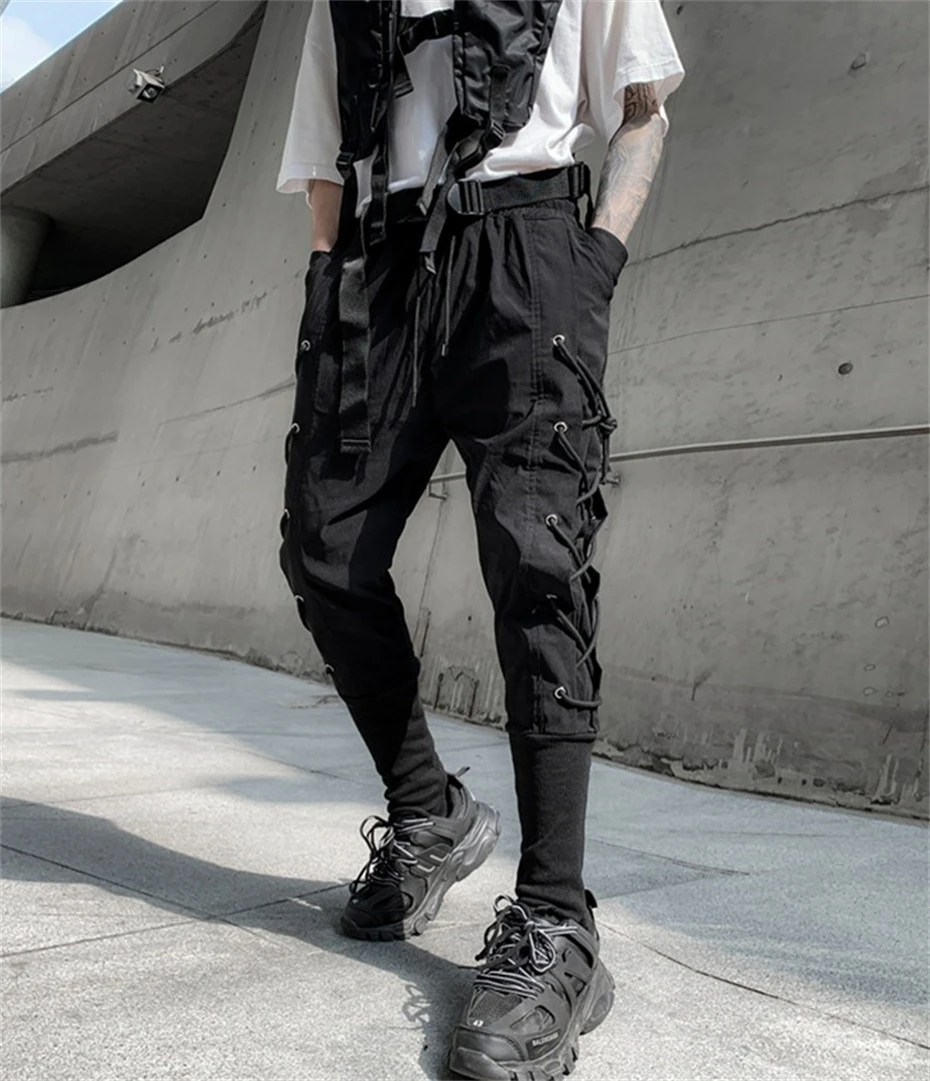 Mannen Y2K Cargo Broek Trekkoord Techwear Ninja Jogger Broek Zwart Mode Streetwear Harembroek Punk Joggingbroek Broek