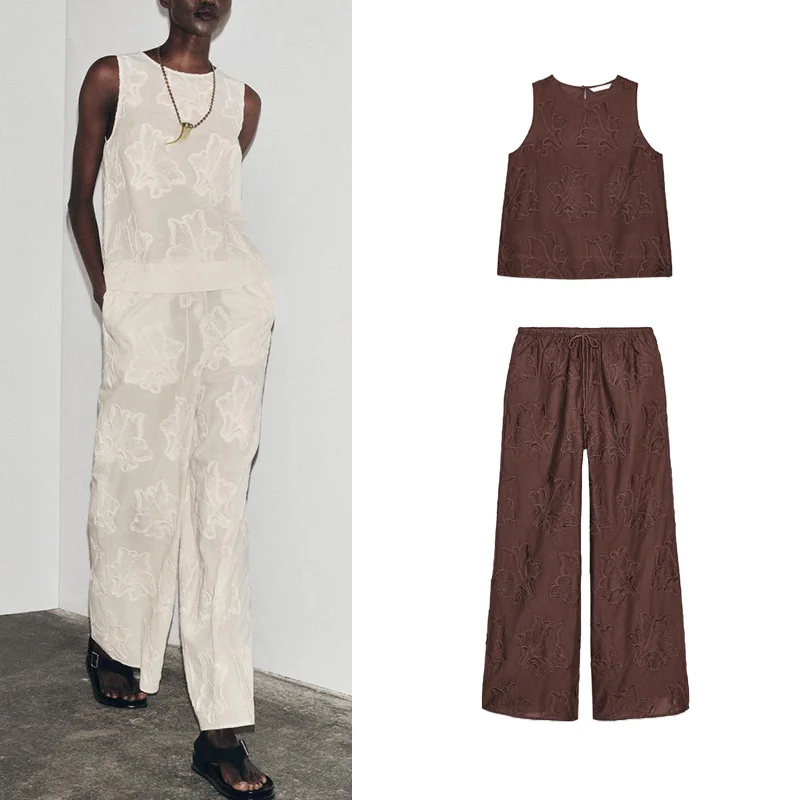 Summer Cotton Blend Embroidered round Ne Svel Top Matching Pants Spwear Sle Two-Piece Set Long Pants ort Sve