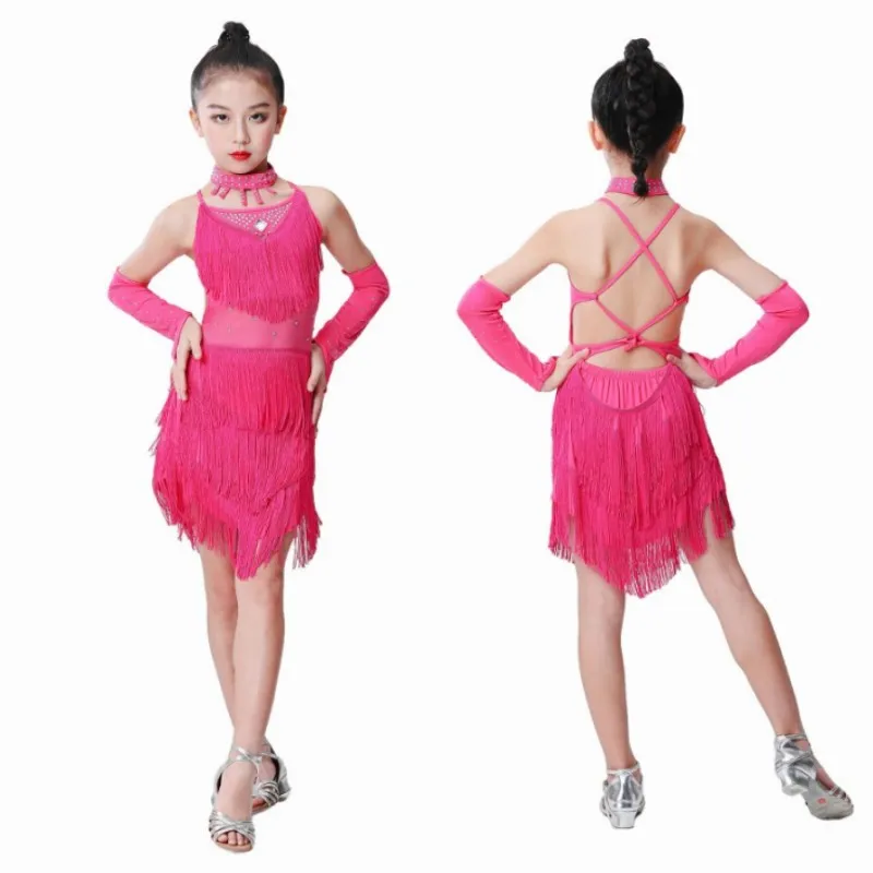 Latin Dance Dress for Girls 3-15Y Solid Tassel Dancing Dress Kids High Quality Professional Competition Suit Tango Costume