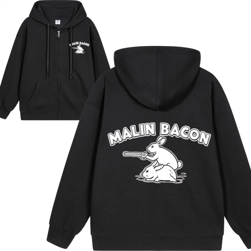 Men's Zip-Up Hoodie Black Hoodie With White Logo 2025 New Style Casual Couples’ Style Casual and Loose