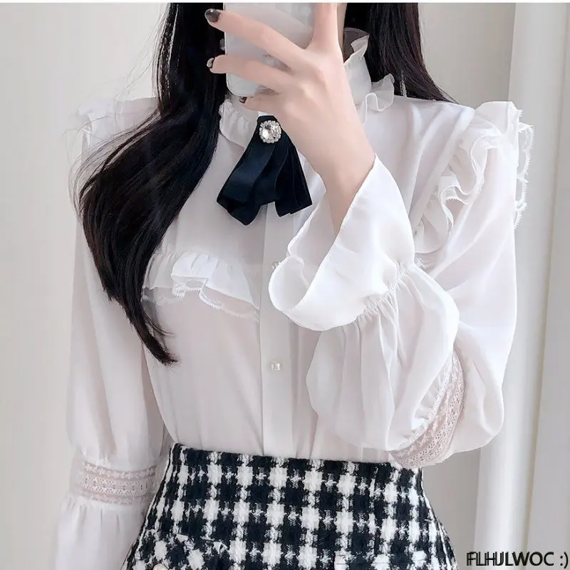 2023 Hot Sales Women\'s Cute Sweet Girls Vintage White Lace Ruffled Ribbon Tops Hot Sales Button Elegant Formal Shirts Blouses