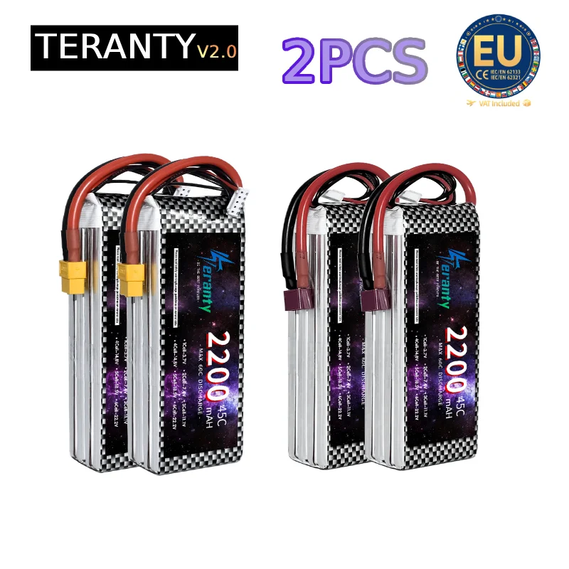 2PCS TERANTY 4S 14.8V 2200mAh 45C 60C Burst LiPo Battery XT60 T High Power RC Battery for FPV Drone Quadcopter RC Airplane Car