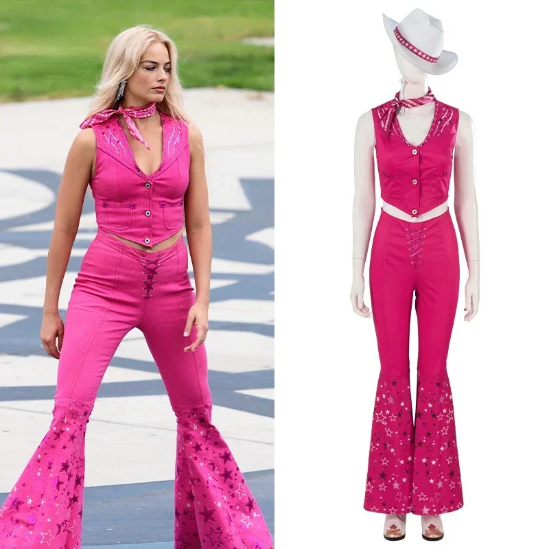 Movie Margot Robbie's Barbi Cosplay Costumes Hot Starry Pink Top and Pants Hat Ladies Halloween Costume for Women Clothing