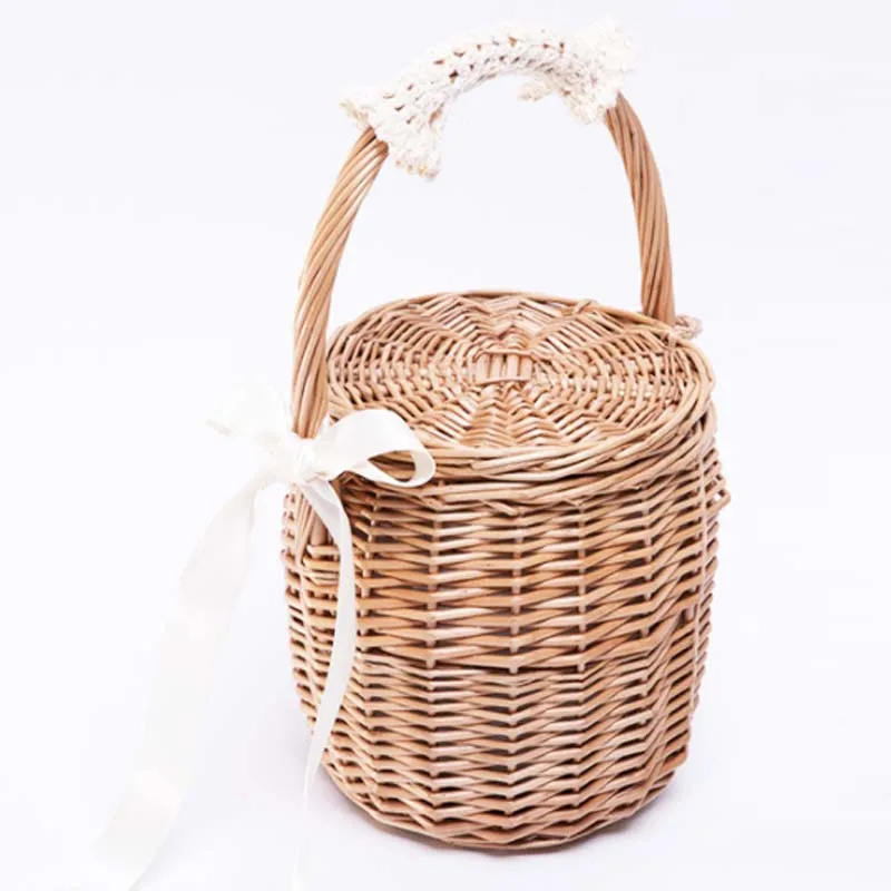 Hand Woven Wicker Basket Bag Women Summer Beach Natural Rattan Straw Bucket Totes Handmade Woven Handbag