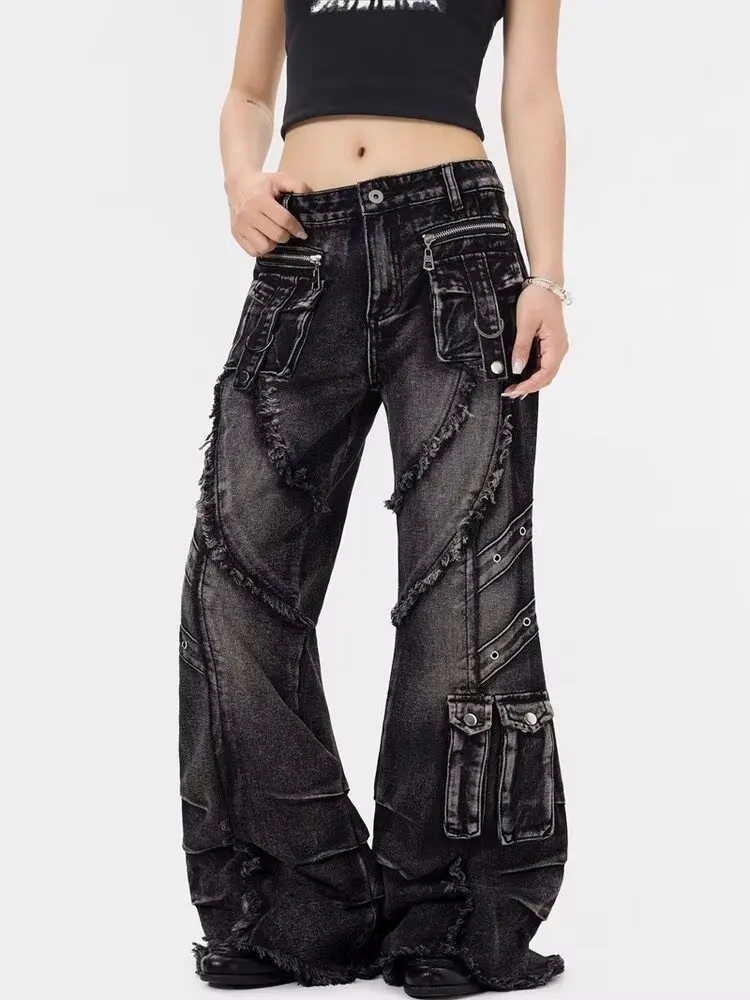Oversized pocket washed wide leg straight leg jeans High-Waisted Tassel Design y2k Harajuku high street denim wide leg pants