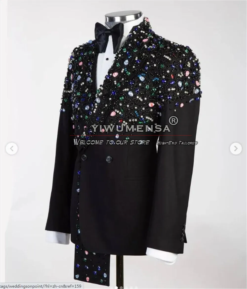 Groom Wear Diamonds Beaded Suits Men Slim Fit Double Breasted Jacket Pants 2 Pieces Man Wedding Tuxedos Tailor-Made Bnaquet Coat