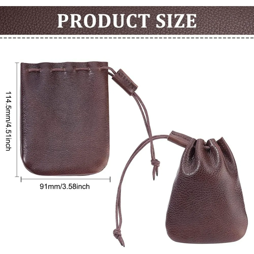 Leather Drawstring Wallets, Coin Leather Drawstring Pouch, Small Storage Bag for Earphone Jewelry Candy, Coconut Brown